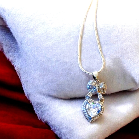Sterling Silver CZ Heart Pendant with bow on Silver Chain - Picture 1 of 2